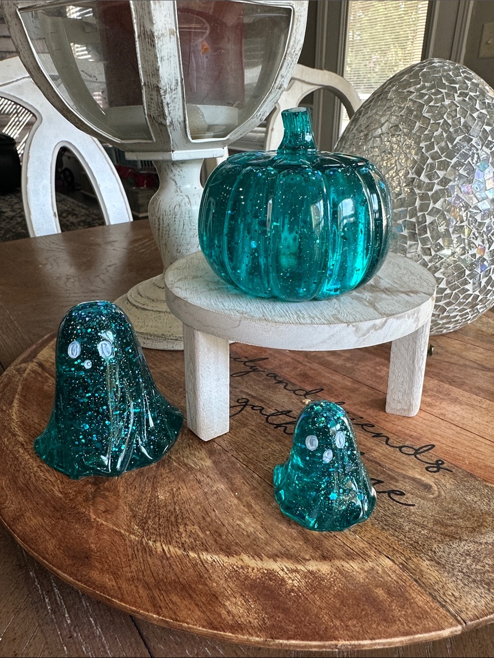 Teal resin pumpkin and ghost set